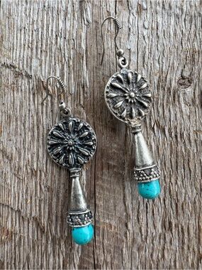 Silver & Faux Turquoise Drop Floral Earrings